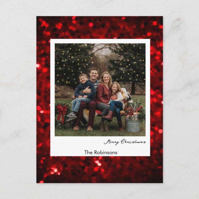 Glittery Red Background Polaroid Photo Christmas  Postcard (Front)