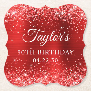 Glittery Red Foil 50th Birthday Paper Coaster
