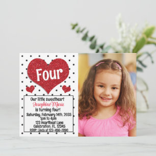 Glittery Red Heart Sweetheart Any Age Birthday Pic Invitation