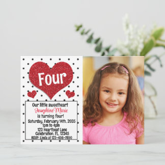 Glittery Red Heart Sweetheart Any Age Birthday Pic Invitation