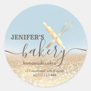 Glittery rolling pin & whisk chef script bakery classic round sticker