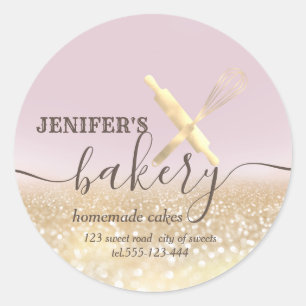 Glittery rolling pin & whisk chef script bakery classic round sticker