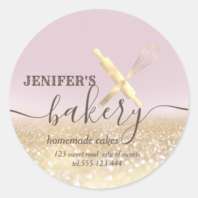 Glittery  rolling pin & whisk chef script bakery classic round sticker (Front)