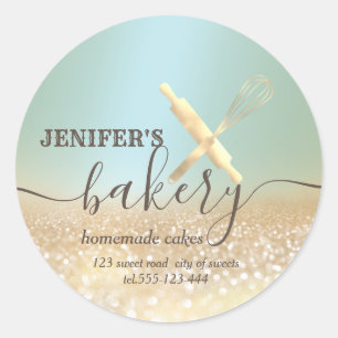 Glittery  rolling pin & whisk chef script bakery classic round sticker