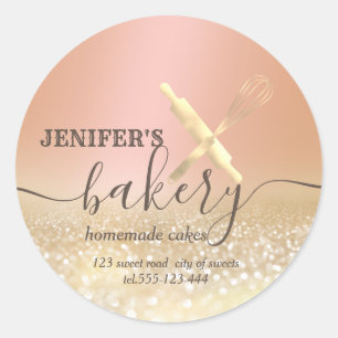 Glittery  rolling pin & whisk chef script bakery classic round sticker