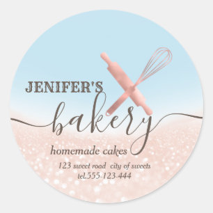Glittery  rolling pin & whisk chef script bakery classic round sticker