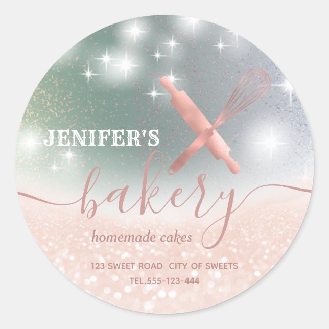 Glittery  rolling pin & whisk chef script bakery classic round sticker (Front)