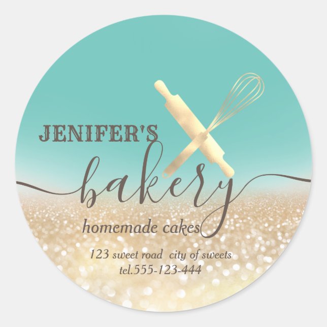 Glittery  rolling pin & whisk chef script bakery classic round sticker (Front)