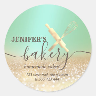 Glittery rolling pin & whisk chef script bakery classic round sticker