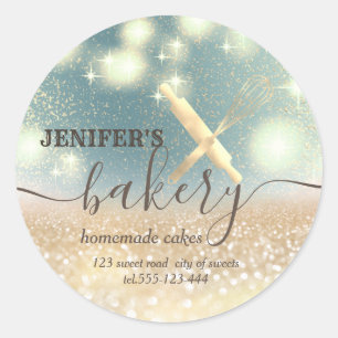Glittery rolling pin & whisk chef script bakery classic round sticker