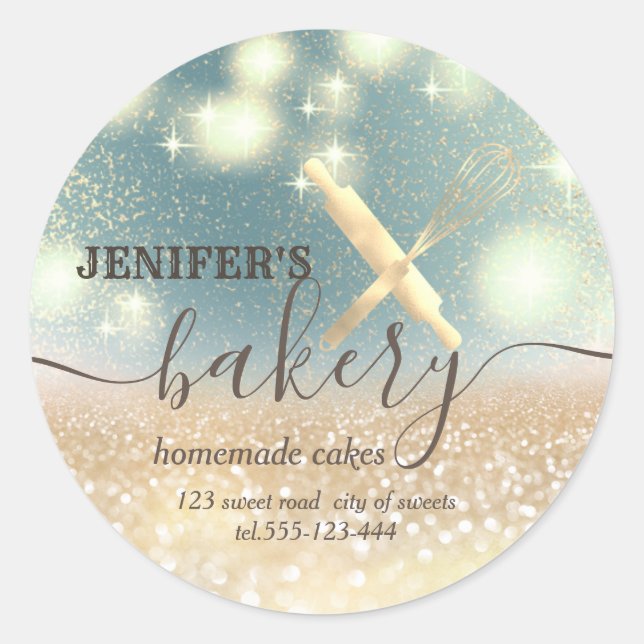 Glittery  rolling pin & whisk chef script bakery classic round sticker (Front)