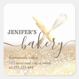 Glittery  rolling pin & whisk chef script bakery square sticker