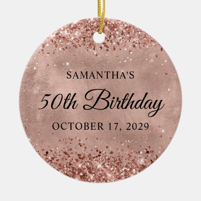 Glittery Rose Gold 50th Birthday Ceramic Tree Decoration (Front)