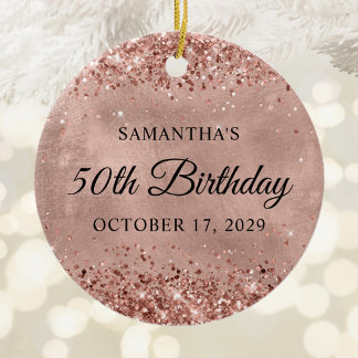 Glittery Rose Gold 50th Birthday Ceramic Tree Decoration