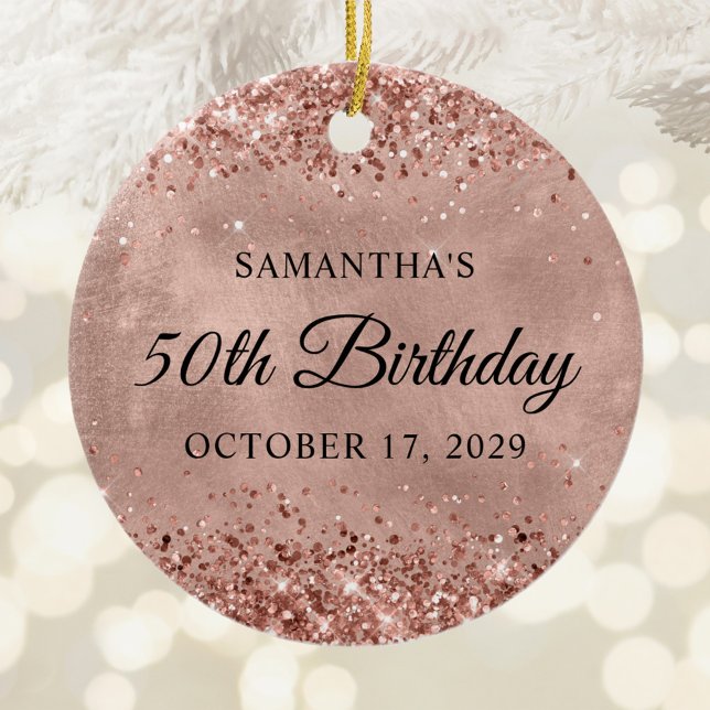 Glittery Rose Gold 50th Birthday Ceramic Tree Decoration (Glittery Rose Gold 50th Birthday Ceramic Ornament)