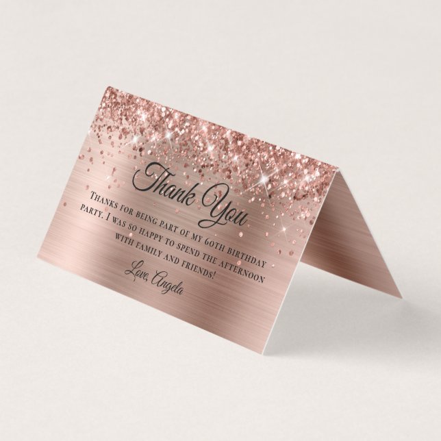 Glittery Rose Gold 60th Birthday Thank You Cards (Front)