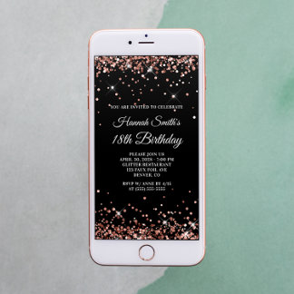 Glittery Rose Gold and Black 18th Birthday Invitation