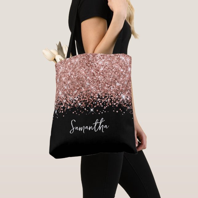 Glittery Rose Gold and Black Glam Name Tote Bag (Close Up)