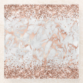 Glittery Rose Gold and Grey Marble Glass Coaster