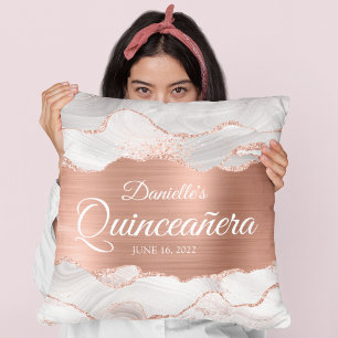 Glittery Rose Gold and White Agate Quinceañera Cushion