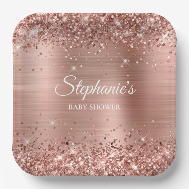 Glittery Rose Gold Baby Shower Paper Plate (Front)