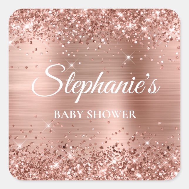 Glittery Rose Gold Baby Shower Square Sticker (Front)