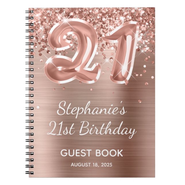 Glittery Rose Gold Balloon 21st Birthday Guestbook Notebook (Front)
