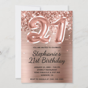Glittery Rose Gold Balloon 21st Birthday Invitation