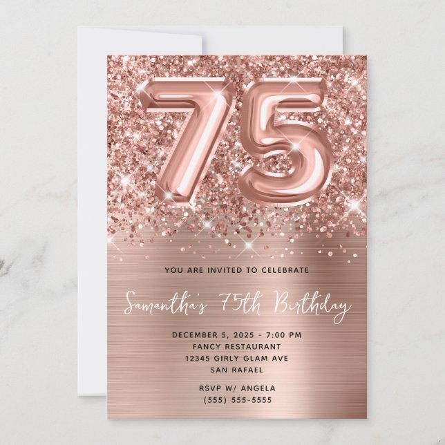 Glittery Rose Gold Balloon Glam 75th Birthday Invitation (Front)