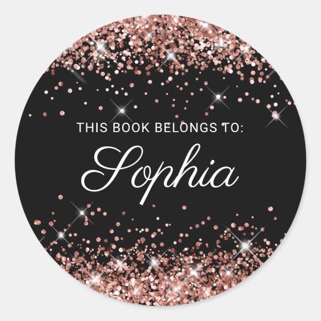 Glittery Rose Gold Black Elegant Calligraphy Book Classic Round Sticker (Front)