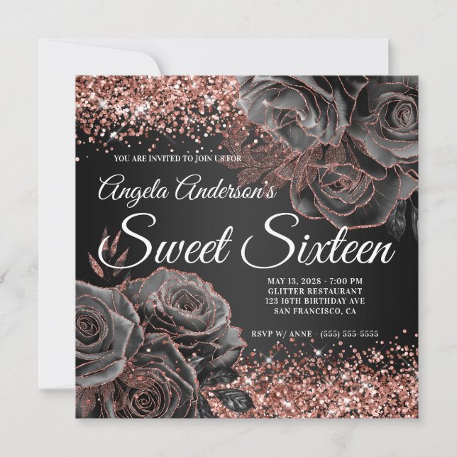 Glittery Rose Gold Black Floral Glam Sweet Sixteen Invitation (Front)