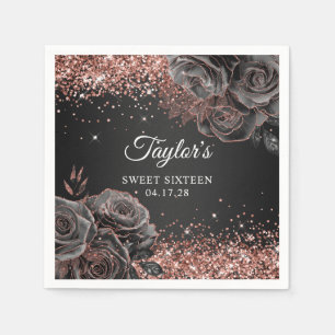 Glittery Rose Gold Black Floral Glam Sweet Sixteen Napkin