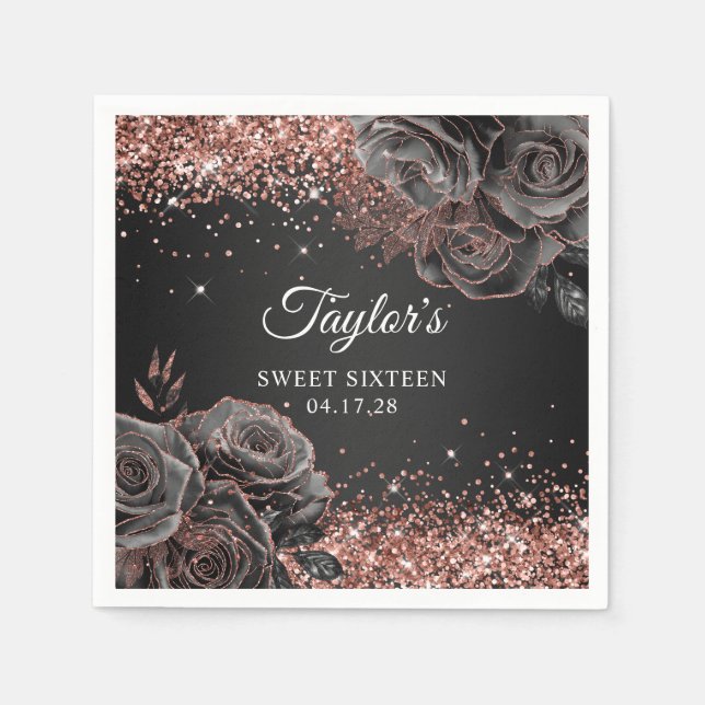 Glittery Rose Gold Black Floral Glam Sweet Sixteen Napkin (Front)