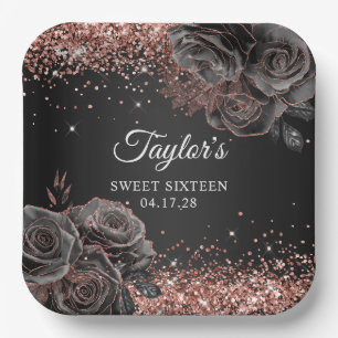 Glittery Rose Gold Black Floral Glam Sweet Sixteen Paper Plate