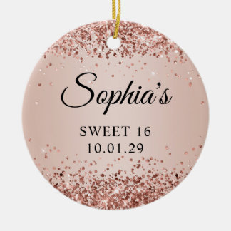 Glittery Rose Gold Blush Ombre Sweet 16 Photo Ceramic Tree Decoration