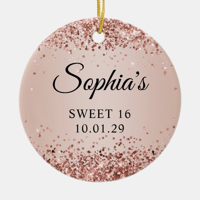 Glittery Rose Gold Blush Ombre Sweet 16 Photo Ceramic Tree Decoration (Front)