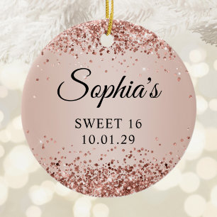 Glittery Rose Gold Blush Ombre Sweet 16 Photo Ceramic Tree Decoration