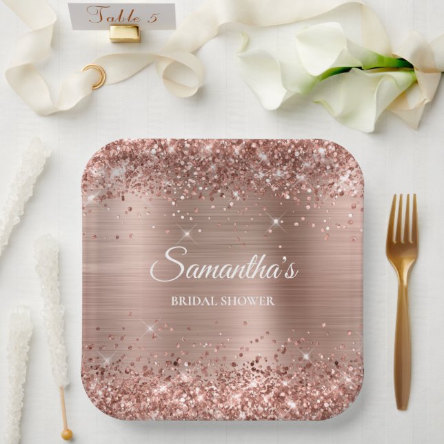 Glittery Rose Gold Bridal Shower Paper Plate (Wedding)