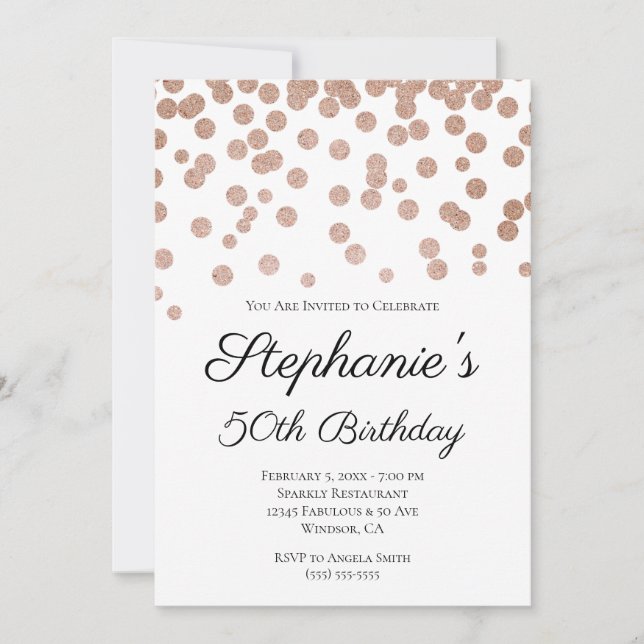 Glittery Rose Gold Confetti Elegant 50th Birthday Invitation (Front)