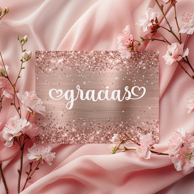 Glittery Rose Gold Cute Hearts Mis Quince Gracias Postcard (Glittery Rose Gold Cute Hearts Mis Quince Gracias Postcard)
