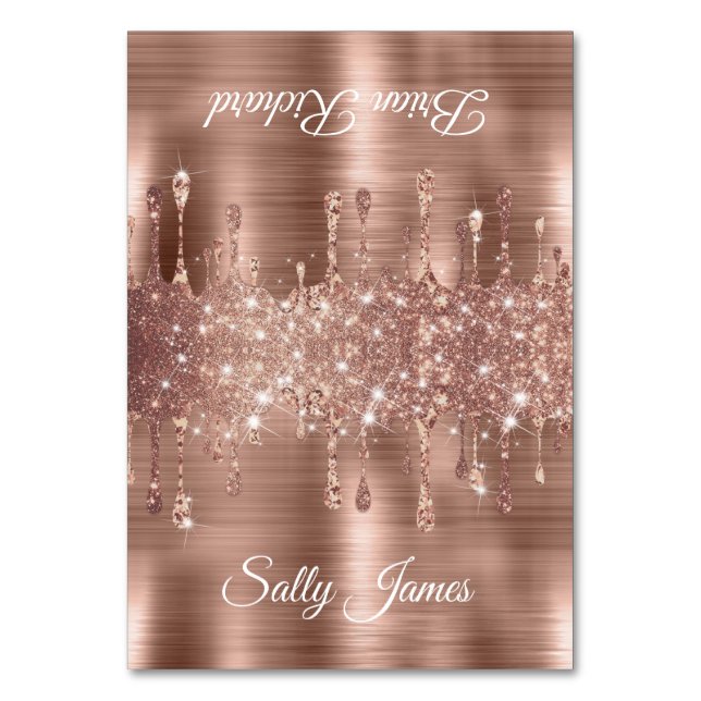 Glittery Rose Gold Drips Two Name Place Cards (Front)