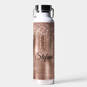 Glittery Rose Gold Drips Two Name Place Cards Water Bottle