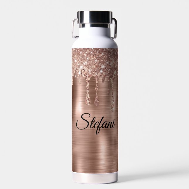 Glittery Rose Gold Drips Two Name Place Cards Water Bottle (Front)