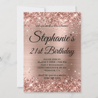 Glittery Rose Gold Fancy Monogram 21st Birthday Invitation