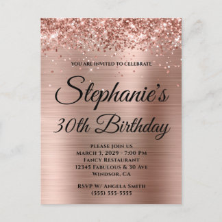 Glittery Rose Gold Fancy Monogram 30th Birthday Invitation Postcard
