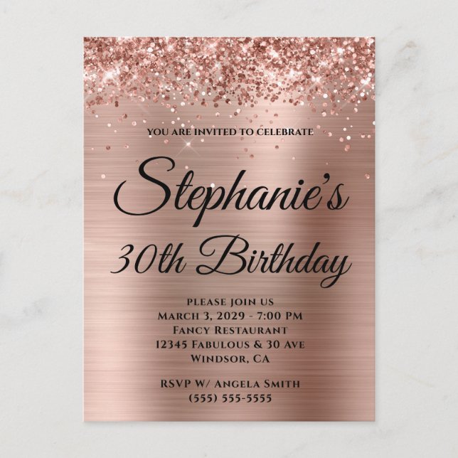 Glittery Rose Gold Fancy Monogram 30th Birthday Invitation Postcard (Front)