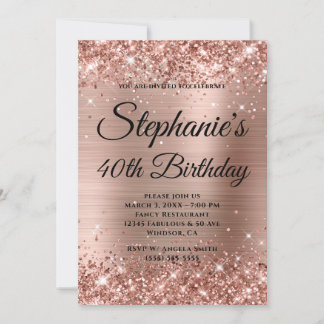 Glittery Rose Gold Fancy Monogram 40th Birthday Invitation