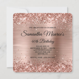 Glittery Rose Gold Fancy Monogram 40th Birthday Invitation