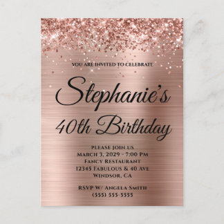 Glittery Rose Gold Fancy Monogram 40th Birthday Invitation Postcard