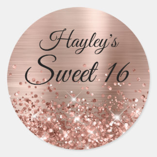 Glittery Rose Gold Faux Foil Sweet 16 Classic Round Sticker